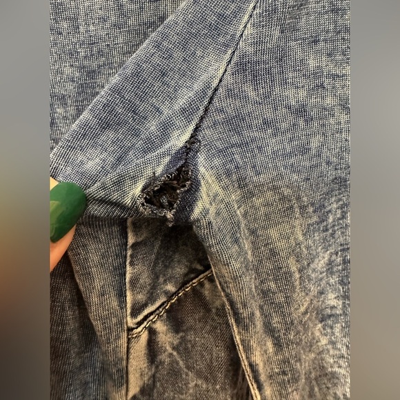 Elisa Cavaletti Italian Blue Acid Wash Pleather Trim Viscose Button Shirt - Picture 12 of 13